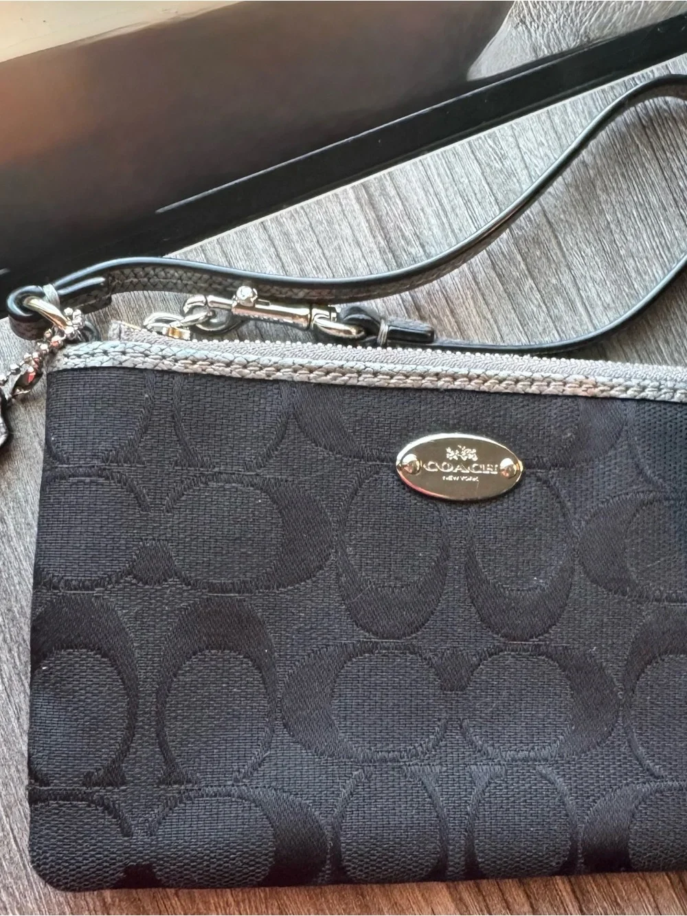 Coach Black Smoke Signature Canvas Corner Zip Wristlet (Style F64643)